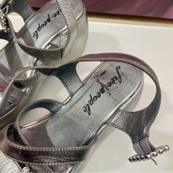 Free People Brooklyn Ankle Strap Plattorm Sandal in Chrome Metallic Size 7.5