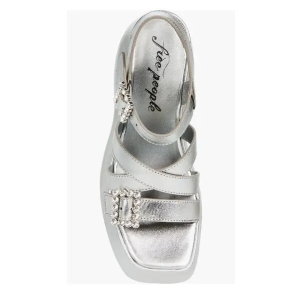 Free People Brooklyn Ankle Strap Plattorm Sandal in Chrome Metallic Size 7.5