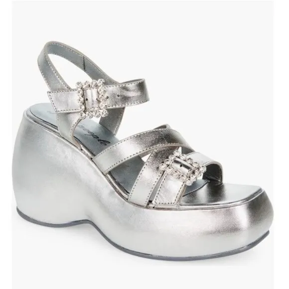 Free People Brooklyn Ankle Strap Plattorm Sandal in Chrome Metallic Size 7.5