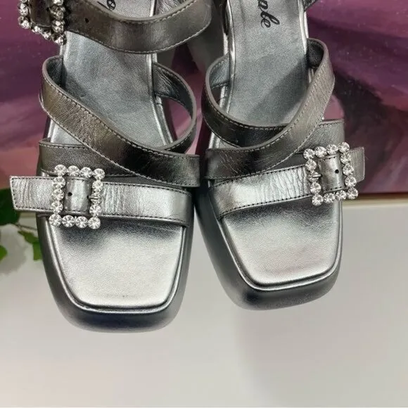 Free People Brooklyn Ankle Strap Plattorm Sandal in Chrome Metallic Size 7.5