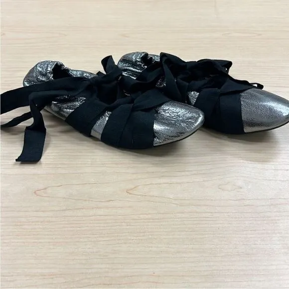 Free People Cece Wrap Ballet Flats Silver and Black US 8
