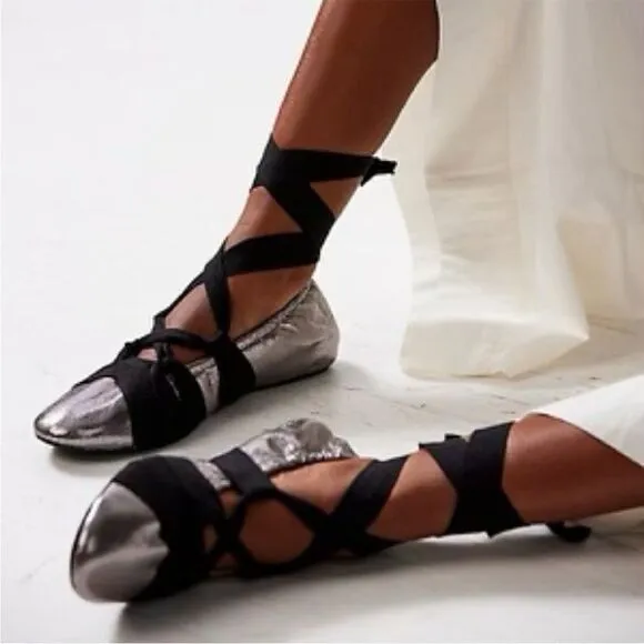 Free People Cece Wrap Ballet Flats Silver and Black US 8