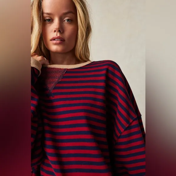 Free People Classic Striped Oversized Crewneck Pullover Sweater Red and Navy NWT