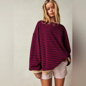 Free People Classic Striped Oversized Crewneck Pullover Sweater Red and Navy NWT