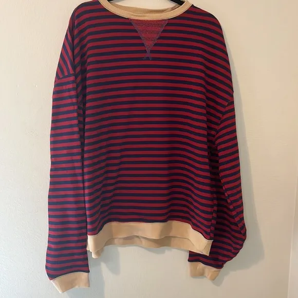Free People Classic Striped Oversized Crewneck Pullover Sweater Red and Navy NWT