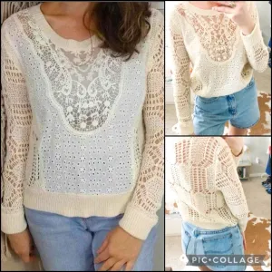 Free People Cream Crochet Knit Eyelet Lace Sweater