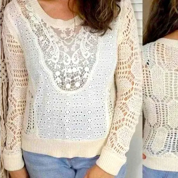 Free People Cream Crochet Knit Eyelet Lace Sweater