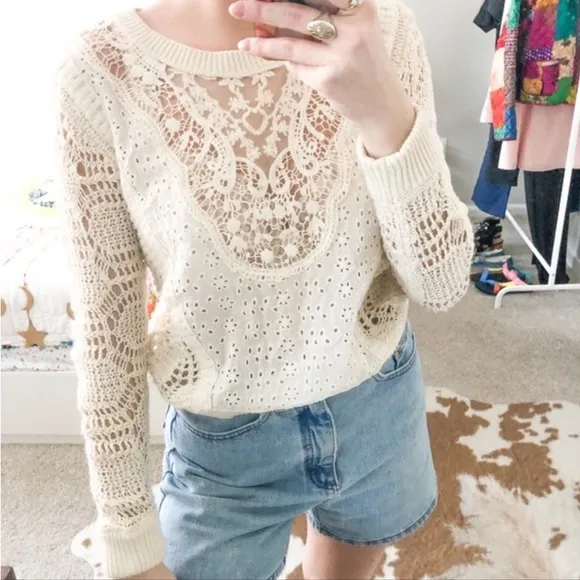 Free People Cream Crochet Knit Eyelet Lace Sweater