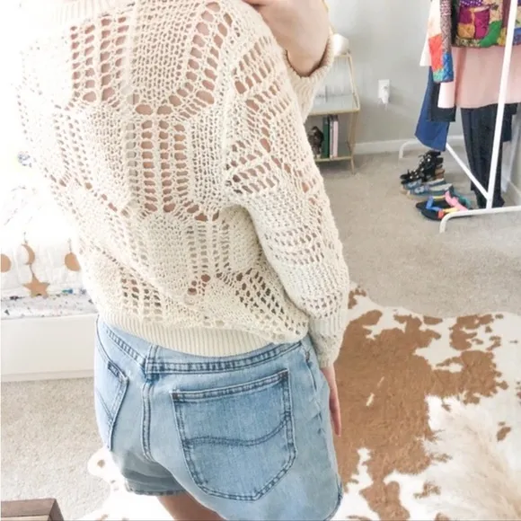 Free People Cream Crochet Knit Eyelet Lace Sweater