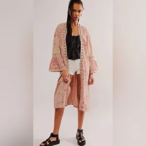 Free People Dusty Mauve Floral Print Eyelet Duster size M