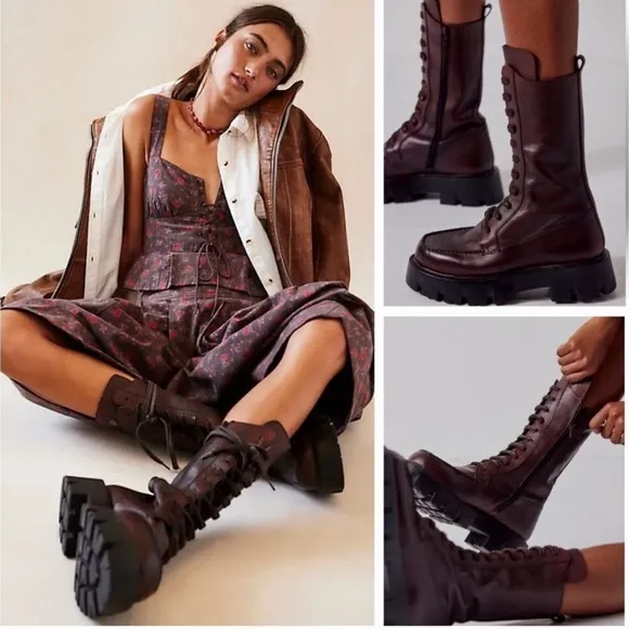 Free People Jones Lug Sole Lace Up Boots Burgundy Size 7 NWOT