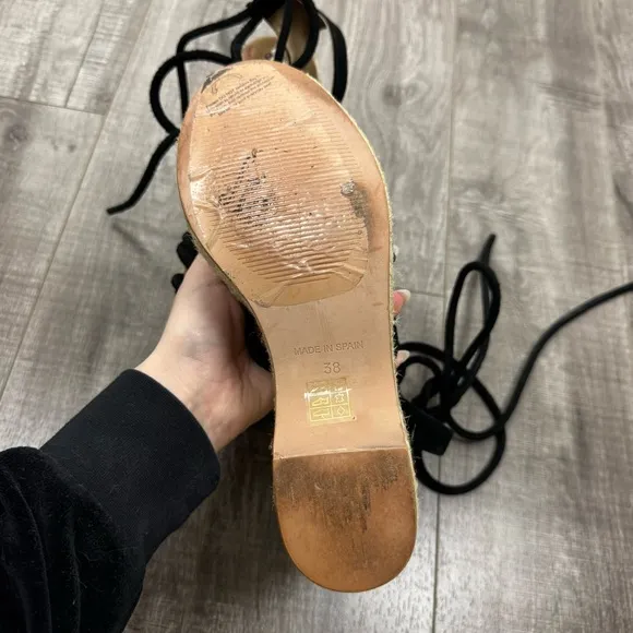 Free People Sandal Platform Wedge Espadrille Black Strappy Wrap Up Size 38 (8)
