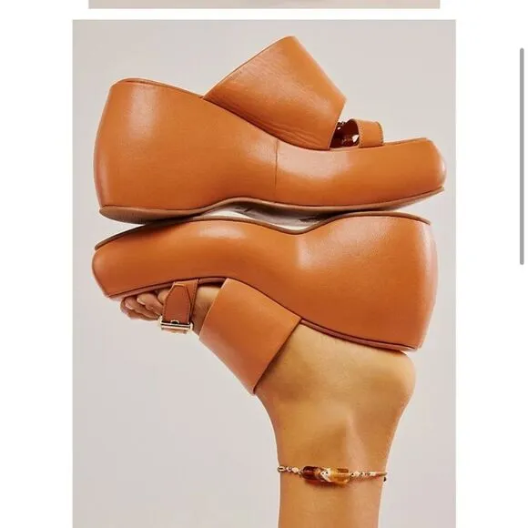 Free People Mila Minimal Leather Wedge Platform Sandal In Vacchetta Size 9.5 NIB