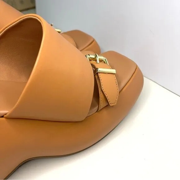 Free People Mila Minimal Leather Wedge Platform Sandal In Vacchetta Size 9.5 NIB