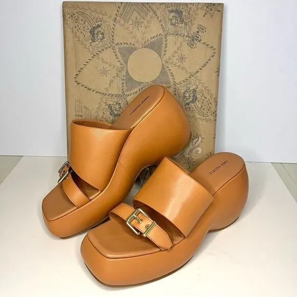 Free People Mila Minimal Leather Wedge Platform Sandal In Vacchetta Size 9.5 NIB