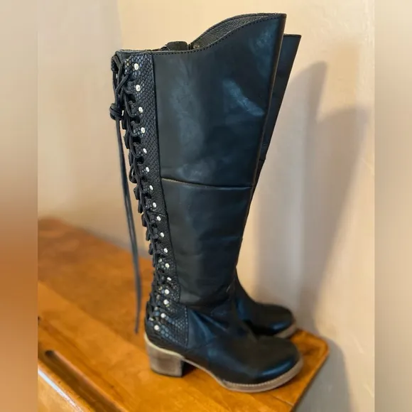 Freebird Womens Catrina Boots Sz 7 Black Leather Tall Back Lace Up Detail