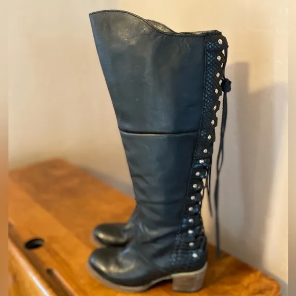 Freebird Womens Catrina Boots Sz 7 Black Leather Tall Back Lace Up Detail