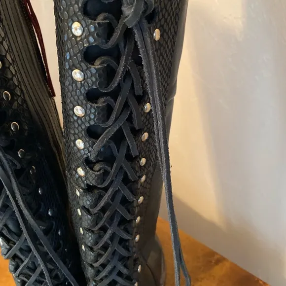 Freebird Womens Catrina Boots Sz 7 Black Leather Tall Back Lace Up Detail