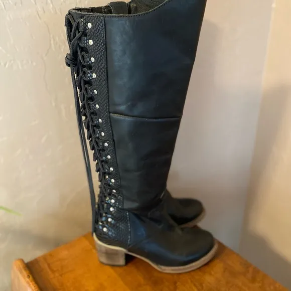 Freebird Womens Catrina Boots Sz 7 Black Leather Tall Back Lace Up Detail