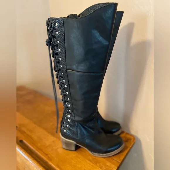 Freebird Womens Catrina Boots Sz 7 Black Leather Tall Back Lace Up Detail