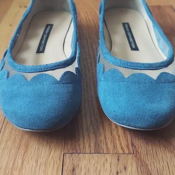 French Connection Bridgit Blue Suede and Mesh Scallop Detail Flats Size 37.5