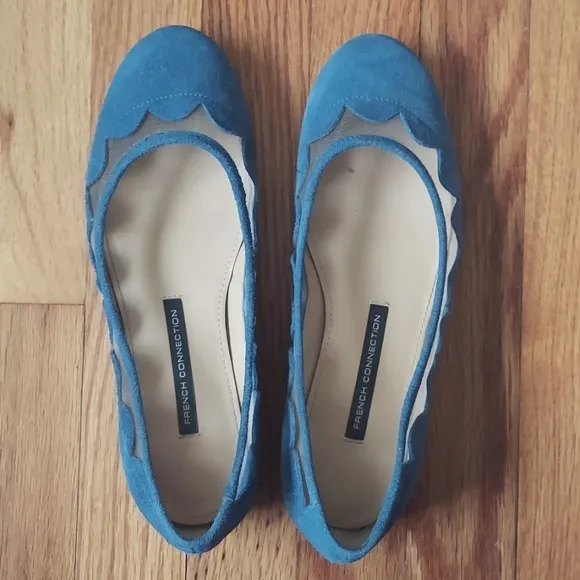 French Connection Bridgit Blue Suede and Mesh Scallop Detail Flats Size 37.5