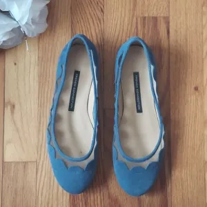 French Connection Bridgit Blue Suede and Mesh Scallop Detail Flats Size 37.5