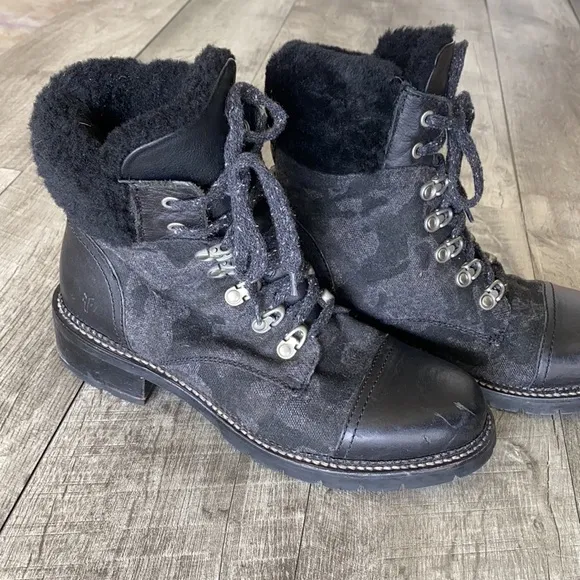 Frye camouflage fur combat boots