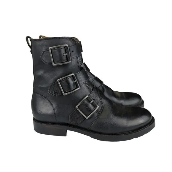 Frye Natalie Triple Buckle Boots Black Leather Short Moto Biker Women 6.5 Combat