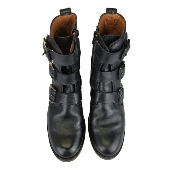 Frye Natalie Triple Buckle Boots Black Leather Short Moto Biker Women 6.5 Combat