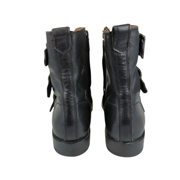 Frye Natalie Triple Buckle Boots Black Leather Short Moto Biker Women 6.5 Combat