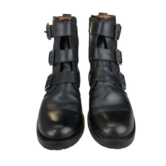 Frye Natalie Triple Buckle Boots Black Leather Short Moto Biker Women 6.5 Combat