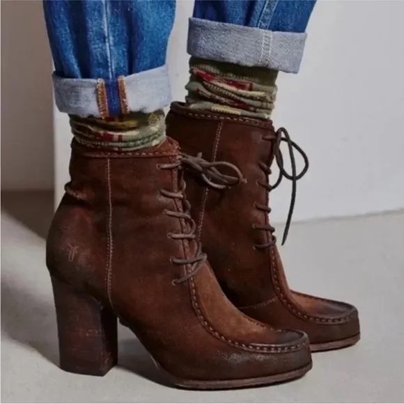 Frye Parker Moc Short Oil Rubbed Suede Boots Women’s  7 Brown Ankle Lace…
