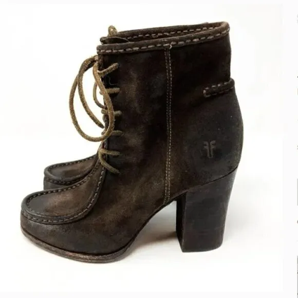Frye Parker Moc Toe Brown Suede Lace Up Heeled Ankle Boots - Size 7.5