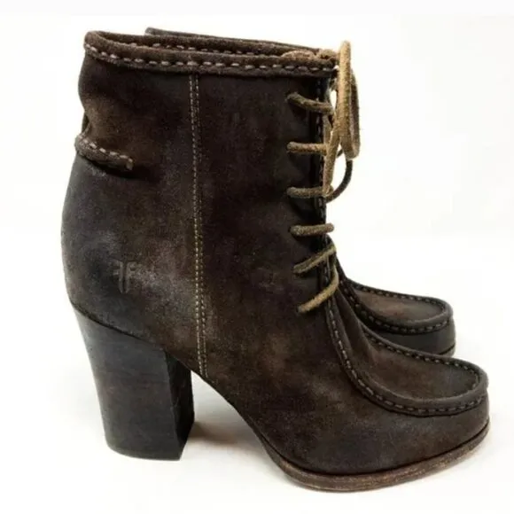 Frye Parker Moc Toe Brown Suede Lace Up Heeled Ankle Boots - Size 7.5