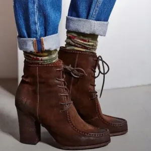 Frye Parker Moc Toe Brown Suede Lace Up Heeled Ankle Boots - Size 7.5