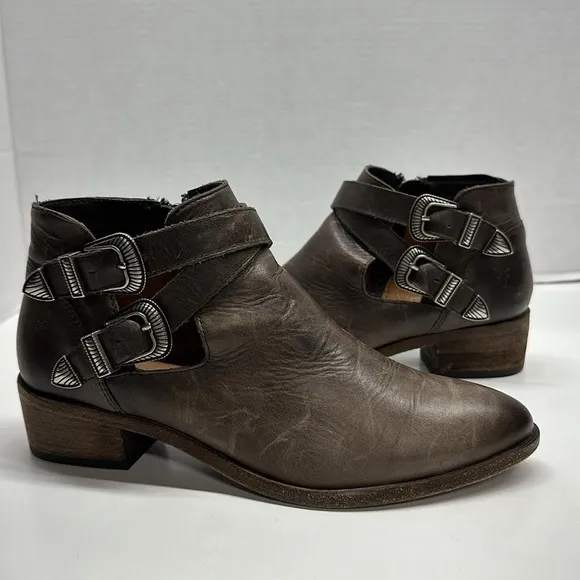 Frye Ray Ankle Booties Western Boots Shoes Double Buckle Dark Brown Size 7.5