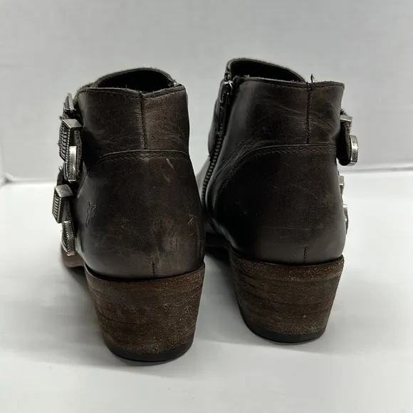 Frye Ray Ankle Booties Western Boots Shoes Double Buckle Dark Brown Size 7.5