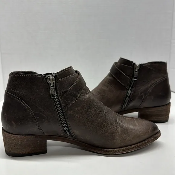 Frye Ray Ankle Booties Western Boots Shoes Double Buckle Dark Brown Size 7.5