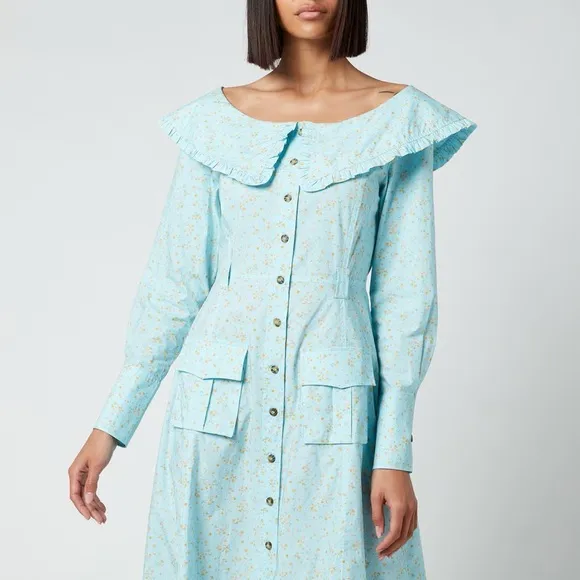 Ganni Women's Flower Printed Cotton Poplin Dress Corydalis Blue NWT