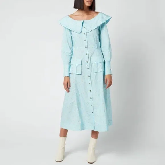 Ganni Women's Flower Printed Cotton Poplin Dress Corydalis Blue NWT