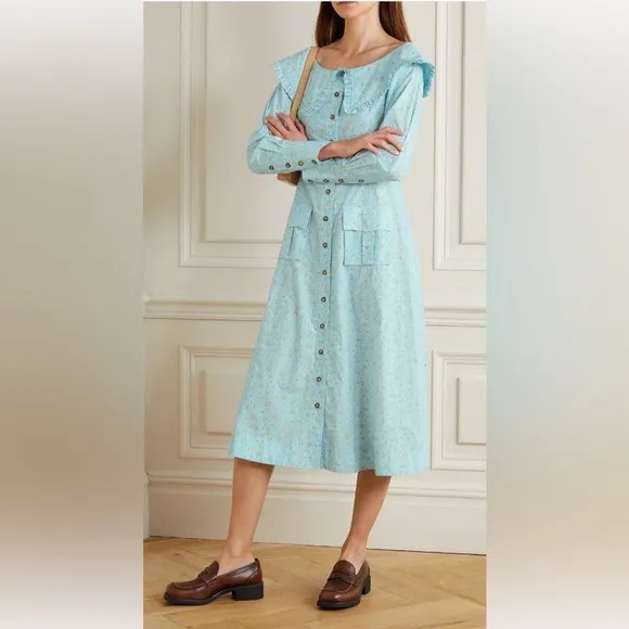 Ganni Women's Flower Printed Cotton Poplin Dress Corydalis Blue NWT