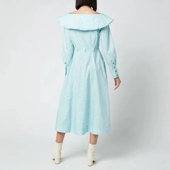 Ganni Women's Flower Printed Cotton Poplin Dress Corydalis Blue NWT