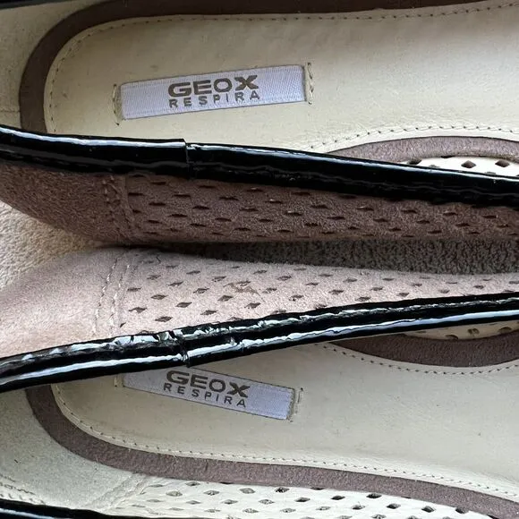 Geox Lola Taupe Nude Perforated Leather Black Cap Toe Ballet Flat EU 36.5 US 6.5