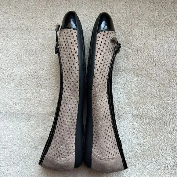 Geox Lola Taupe Nude Perforated Leather Black Cap Toe Ballet Flat EU 36.5 US 6.5