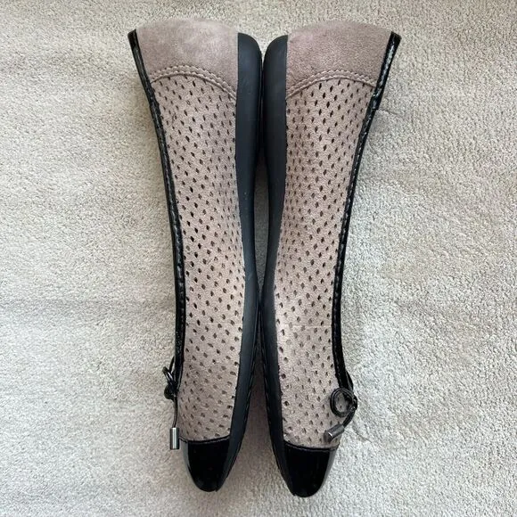 Geox Lola Taupe Nude Perforated Leather Black Cap Toe Ballet Flat EU 36.5 US 6.5
