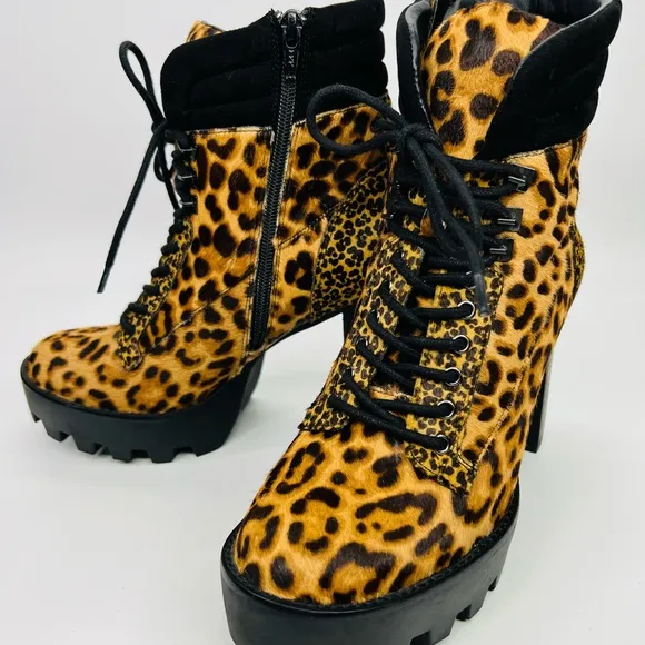 Gianni Bini Ambray Leopard Leather Calf Hair Lug Heeled Mid Calf Platfor…