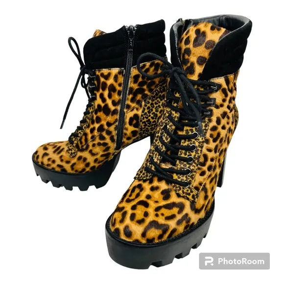 Gianni Bini Ambray Leopard Leather Calf Hair Lug Heeled Mid Calf Platfor…