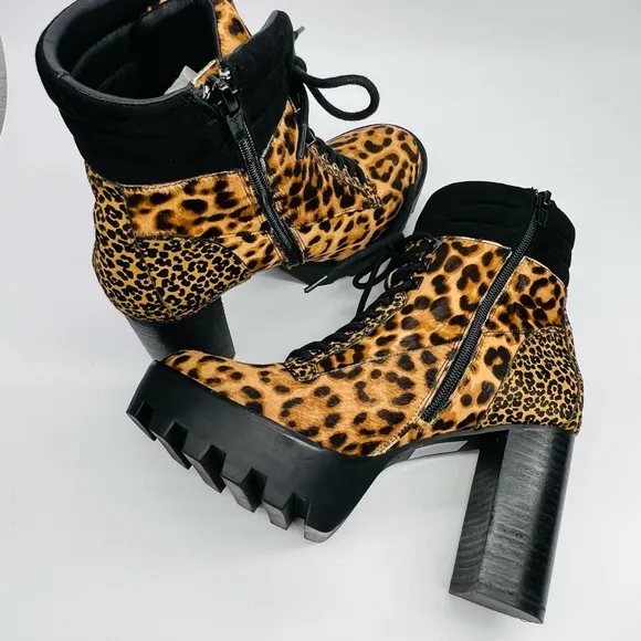 Gianni Bini Ambray Leopard Leather Calf Hair Lug Heeled Mid Calf Platfor…