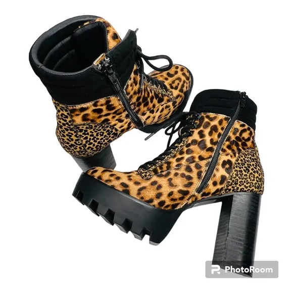 Gianni Bini Ambray Leopard Leather Calf Hair Lug Heeled Mid Calf Platfor…